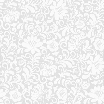 Seamless grey background with white floral pattern. Vector retro illustration. Ideal for printing on fabric or paper for wallpapers, textile, wrapping.