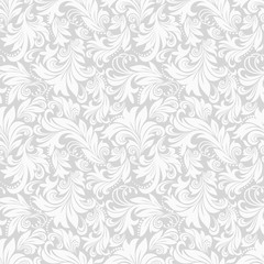 Seamless grey background with white pattern in baroque style. Vector retro illustration. Ideal for printing on fabric or paper.