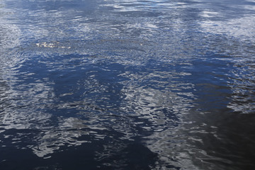 background - wavy surface of pure running water with reflection of sky and clouds..