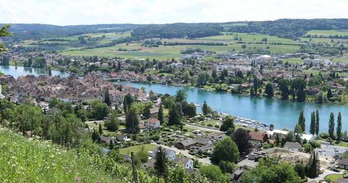 Aerial view of the historic city of Stein am Rhein, Switzerland, situated at the lower end of lake Constance and right on the border to Germany.