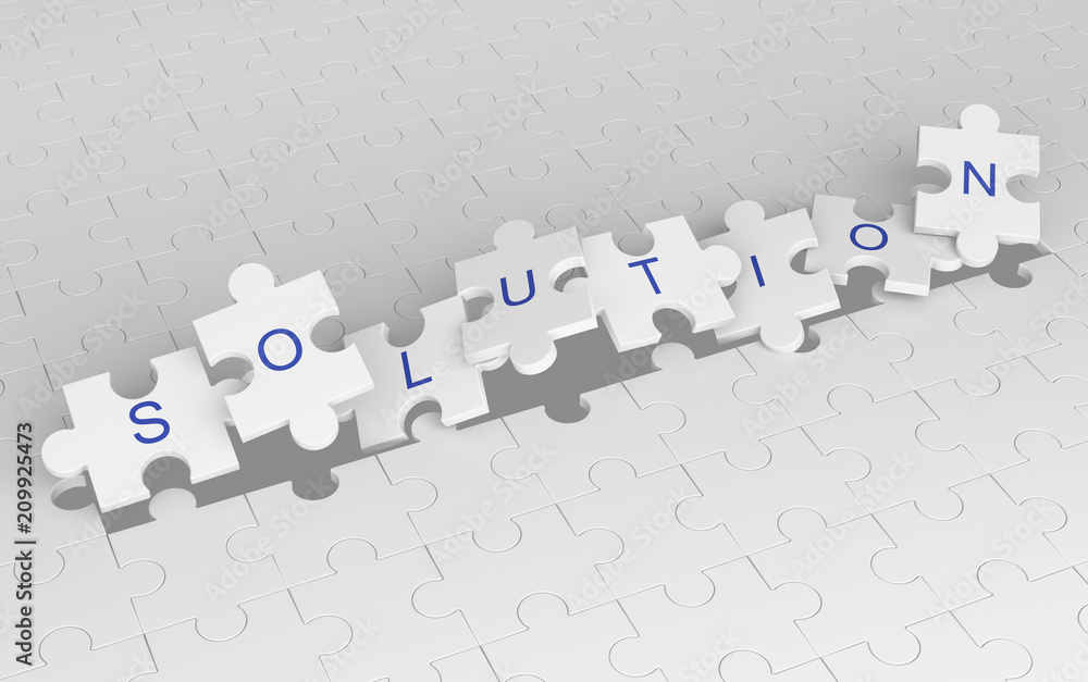 Poster exploding jigsaw puzzle pieces with solution word. white pattern background, 3d illustration