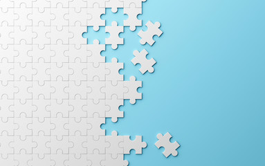 Jigsaw puzzle, pattern texture separated on blue background. 3d illustration - obrazy, fototapety, plakaty