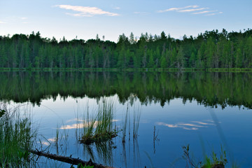 Fototapeta na wymiar Evening at remote lake in forest in near Bemidji in northern Minnesota