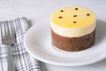 Close up of fresh passion fruit on wooden background