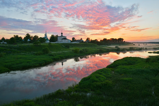 Kideksha village landscape. View to the Church of Boris and Gleb from the Nerl river bank. It is one of the oldest church in Russia, built in 1152.