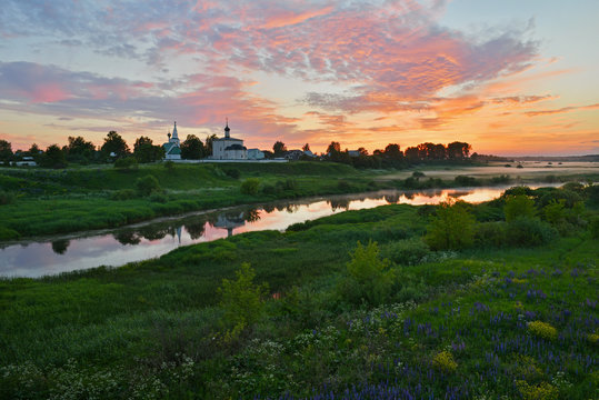 Kideksha village landscape. View to the Church of Boris and Gleb from the Nerl river bank. It is one of the oldest church in Russia, built in 1152.