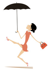Walking smiling woman with umbrella and handbag isolated illustration. Good weather, smiling young woman with umbrella and handbag walking on the road isolated on white illustration

