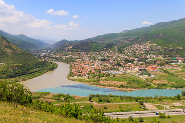 Aerial view on old town Mtskheta and confluence of the rivers Kura and Aragvi in Georgia