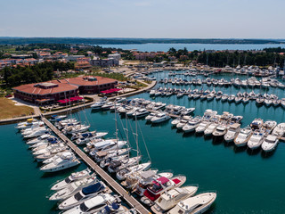 Novigrad marina and yacht club, port, harbor, drone aerial shot