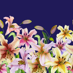 Obraz na płótnie Canvas Beautiful lily flowers with green leaves on vivid blue background. Seamless floral pattern. Watercolor painting. Hand drawn and painted illustration.