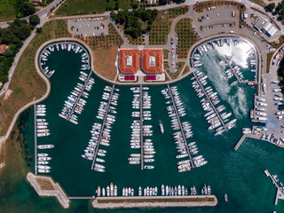 Novigrad marina harboar and yacht club top down view drone aerial 