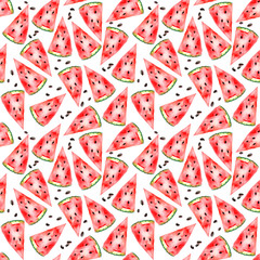 Seamless watercolour painted watermelon with seads pattern, nice as a background wrapping paper, cover, fabric.