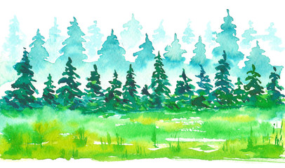 Summer green watercolour painted forest bordure. Grass and trees. Nice for card, article, web and cover background.