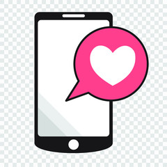 Smartphone with heart in a speech bubble, mobile phone and love message.	