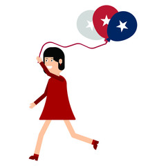 A woman runs with balloons on which American symbols are drawn