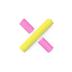 Colored sidewalk or blackboard chalks assembled like mathematical operation of multiplication symbol on rough blackboard, 3D rendered