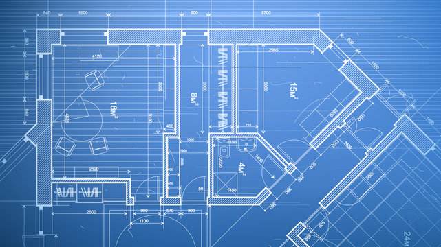 Architectural Blueprint - The Architectural Plan Of A Modern Residential Building With The Layout Of The Interiors Of Different Rooms, Elements Of Furniture & Equipment On A  Technological Background