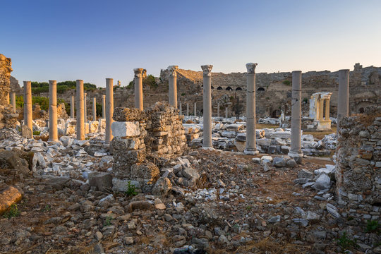 Ruins of the ancient theatre in Side, Turkey