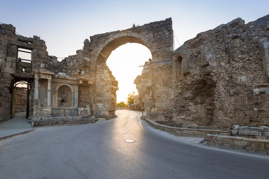 Vespasian gate to the ancient city of Side, Turkey