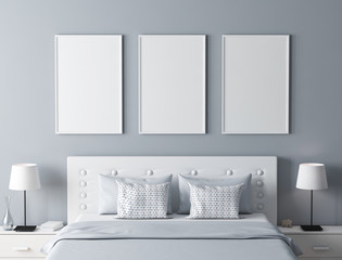 Poster frame mock up in modern bedroom 3d rendering