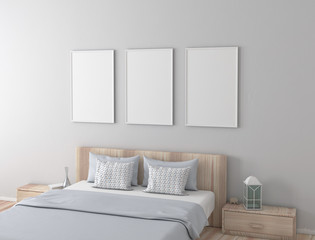 Poster frame mock up in modern bedroom 3d rendering