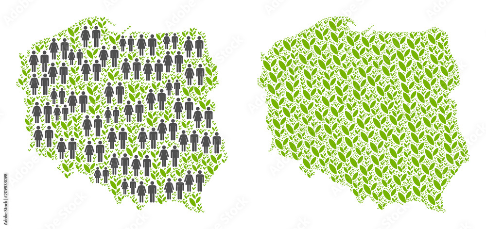 Poster people population and flora poland map. vector abstraction of poland map designed of scattered crowd