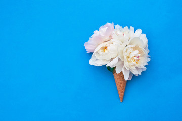 Waffle ice cream cone with white peony flowers on bright blue background. Summer concept. Copy space, top view.