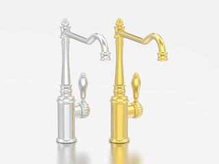3D illustration two yellow and white gold or silver chrome vintage old faucets
