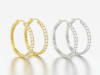 3D illustration two yellow and white gold or silver decorative diamond earrings with hinged lock