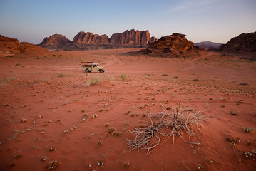 Scenic View Of Wadi Rum Against Clear Sky During Sunrise, Arabian Desert, Jordan