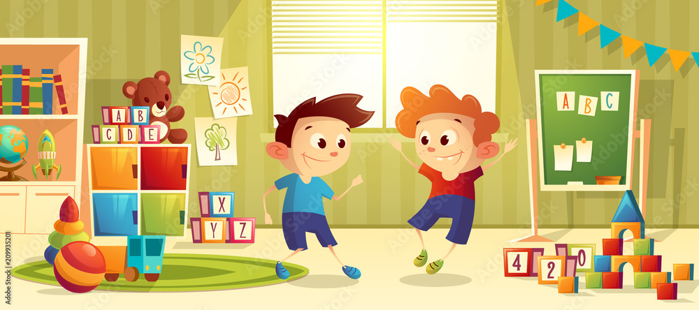 Wall mural Vector illustration of cartoon kindergarten - boys playing toys. Children, books, furniture for preschool, infant school. Teddy bear, ball with other elements for teaching and learning kids.