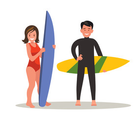 A man and a woman are surfing.