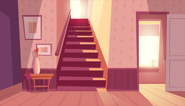Vector interior with staircase and white open door in living room. Home inside with light from window and shadows on steps. Front view of stairs with handrail, table with vase in maroon colors.