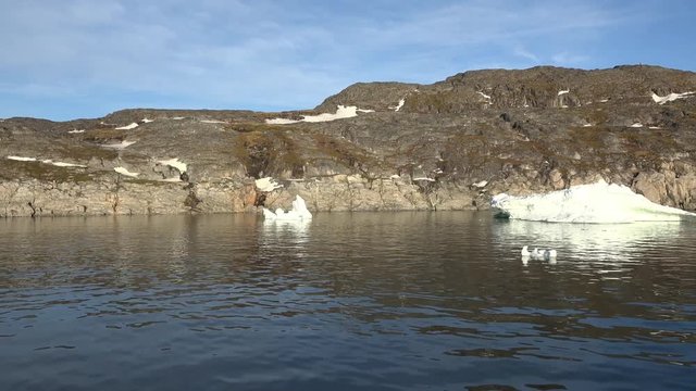Greenland. Boat sailing among icebergs
