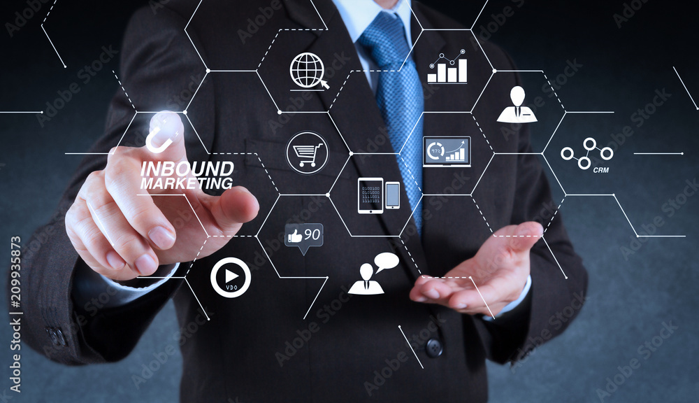 Poster businessman pressing an imaginary button on virtual screen