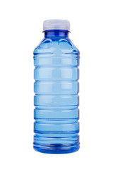 blue plastic vitamin water bottle on white background