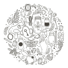 Obraz premium Sketch graphic illustration with mystic and occult hand drawn symbols. Vector illustration. Halloween, astrological and esoteric concept. Vintage Hands with Old Fashion Tattoos.