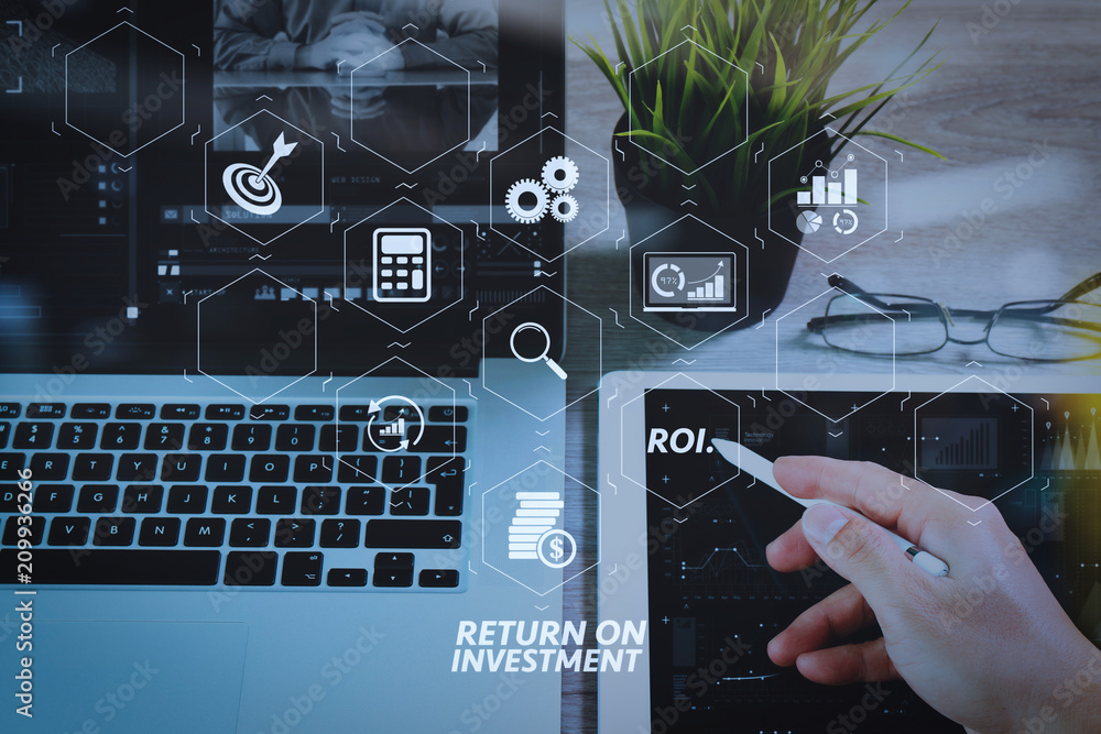 Poster businessman hand working stylus pen and digital tablet computer and memo note and laptop computer. d