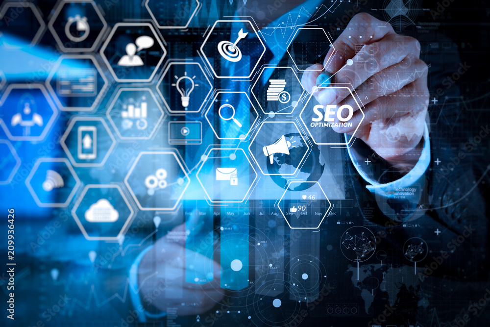 Poster businessman hand working with modern technology and digital layer effect as business strategy concept