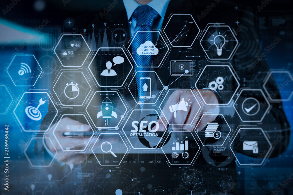 Poster businessman hand working with modern technology and digital layer effect as business strategy concept