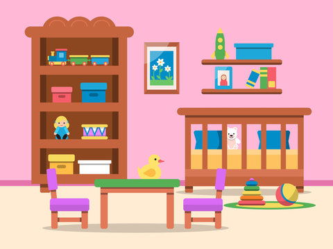 Vector picture of kids room interior. Bed, table and various toys