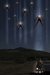 Mysterious people fly up. Spirit, aliens concept