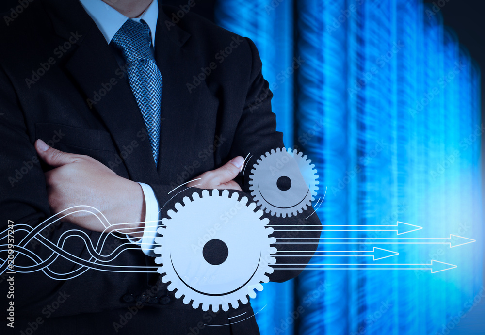 Poster businessman hand using tablet computer and server room background