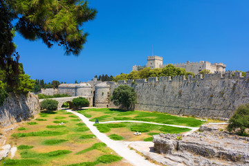 Wall of the medieval Old Town Rhodes Greece Europe