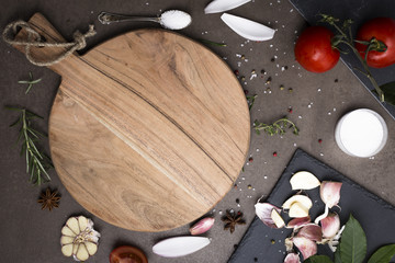 Background, ingredients for preparation on the cutting board