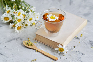 Cup of tea with chamomile flowers on gray background, book reading, free time concept