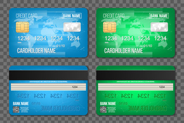 Creative vector illustration of bank plastic credit card set isolated on transparent background. Art design two sides realistic mockup template. Abstract concept graphic detailed glossy element