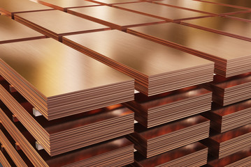 Copper sheets, piles of copper metal in warehouse. 3d illustration. - obrazy, fototapety, plakaty