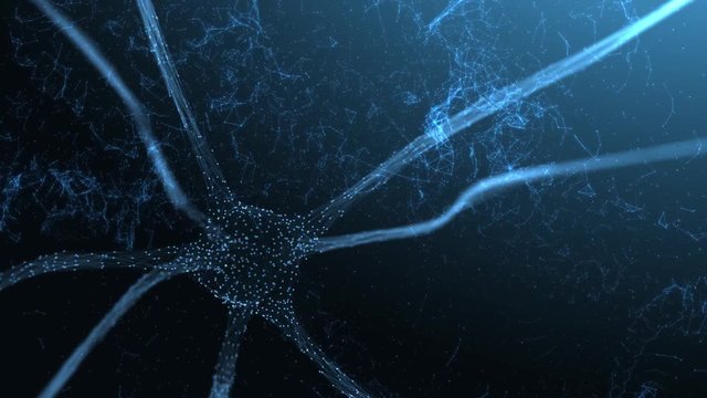 Abstract blue colored neuron cell in the brain on black motion background. Selective focus used. 