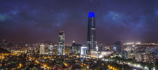 Panoramic view of Providencia and Las Condes districts with Costanera Center skyscraper,